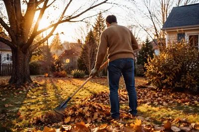 Raking Autumn Leaves in Golden Backyard
