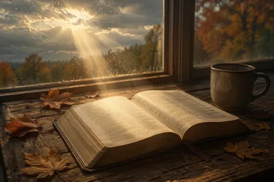 Open Bible with Autumn Light Reflection