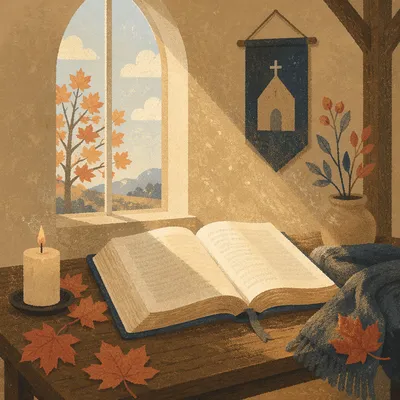 Open Bible in Autumn Chapel Light