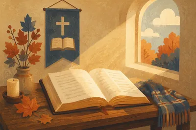 Open Bible in Autumn Chapel Light
