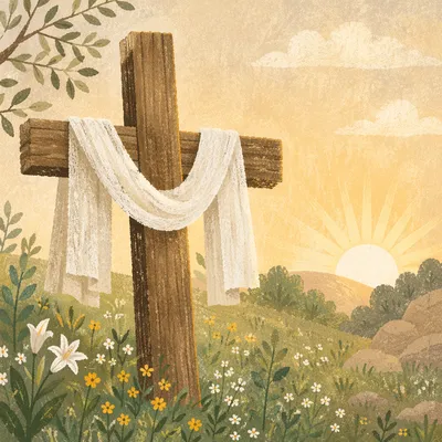 Resurrection Cross with White Linen at Sunrise