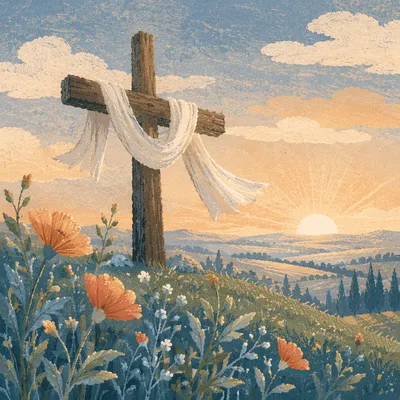 Resurrection Cross with White Cloth at Sunrise