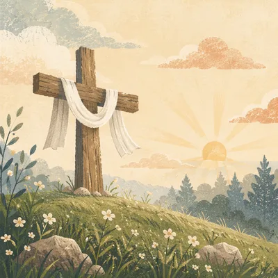 Resurrection Cross with White Draped Cloth