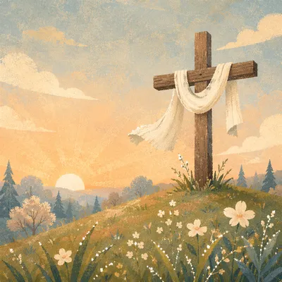 Resurrection Cross with White Cloth at Sunrise