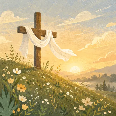 Resurrection Cross With White Cloth at Dawn
