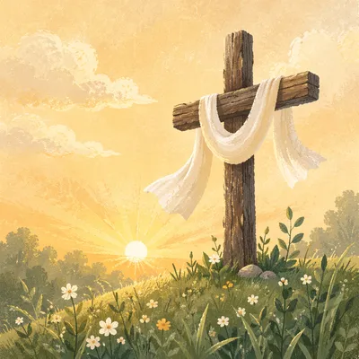 Resurrection Cross with White Cloth at Sunrise