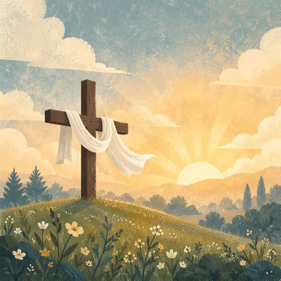 Resurrection Cross with White Cloth at Sunrise