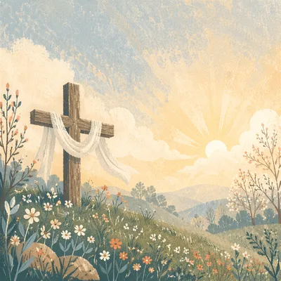 Resurrection Cross with White Cloth at Sunrise