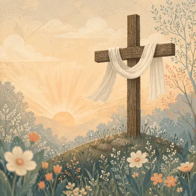 Easter Resurrection Cross in Spring Meadow