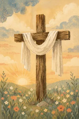 Resurrection Cross with White Cloth at Sunrise
