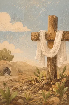 Rustic Resurrection Cross with White Linen