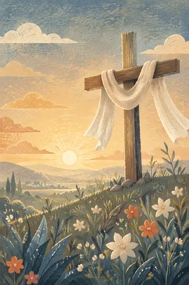 Resurrection Cross with White Cloth at Sunrise