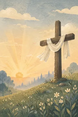 Resurrection Cross with White Cloth at Sunrise