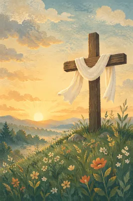Resurrection Cross with White Cloth at Dawn