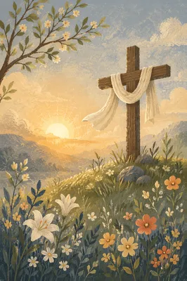Resurrection Cross with White Cloth at Dawn