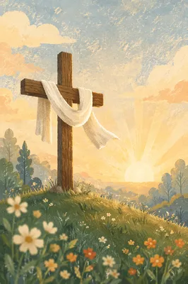 Resurrection Cross at Sunrise with White Cloth