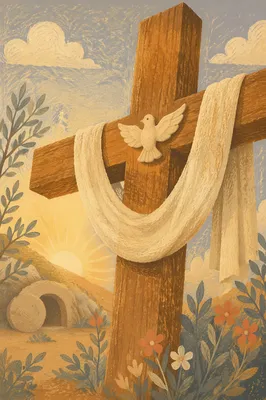 Resurrection Cross with White Cloth at Sunrise
