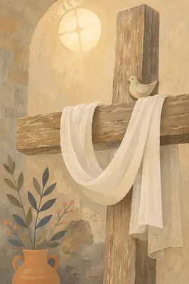Resurrection Cross with White Linen Cloth
