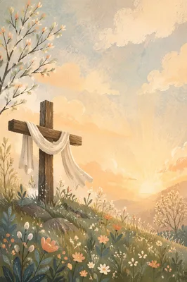 Resurrection Cross with White Cloth at Sunrise