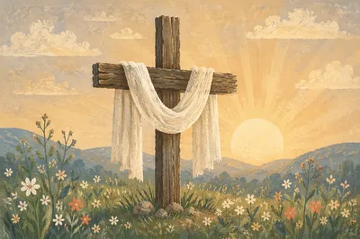 Easter Resurrection Cross in Spring Meadow