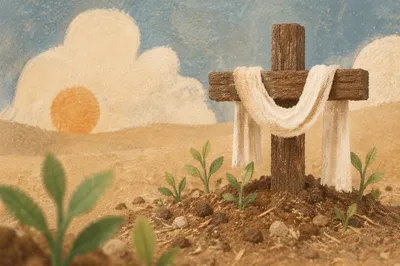 Rustic Resurrection Cross with White Linen