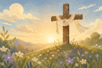 Resurrection Cross with White Cloth at Dawn