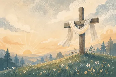 Resurrection Cross with White Cloth at Sunrise