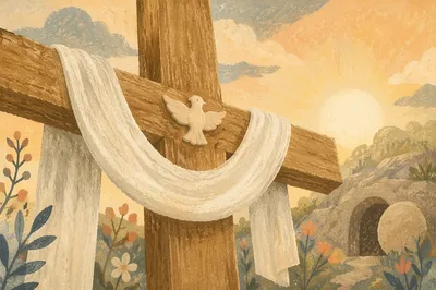 Resurrection Cross with White Cloth at Sunrise