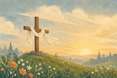 Resurrection Cross Draped in White at Sunrise