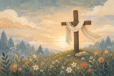 Resurrection Cross with White Linen at Dawn