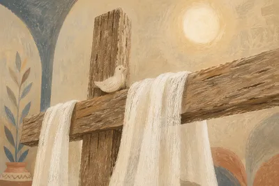 Weathered Resurrection Cross with Draped White Cloth