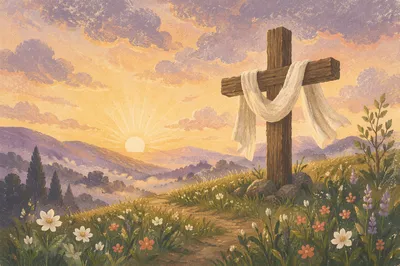 Easter Resurrection Cross on Sunrise Hillside