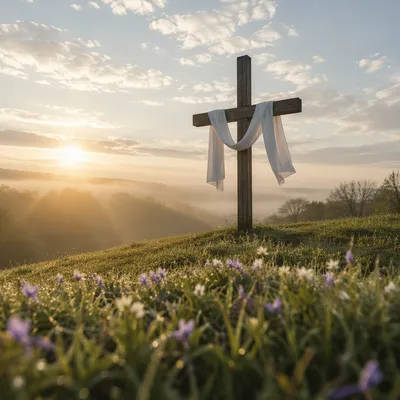 Resurrection Cross with White Cloth at Dawn