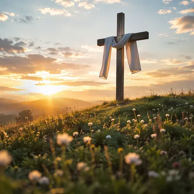 Easter Resurrection Cross on Misty Hillside