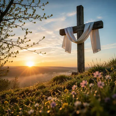 Resurrection Cross with White Cloth at Dawn