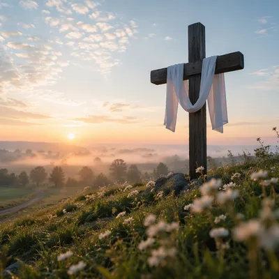 Resurrection Cross at Peaceful Spring Sunrise