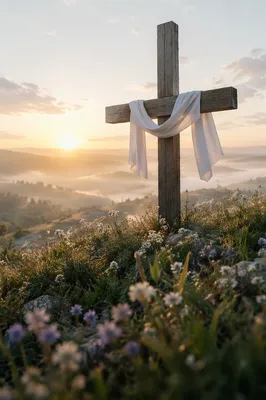 Resurrection Cross with White Cloth at Sunrise