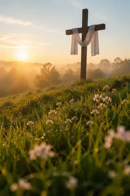 Easter Resurrection Cross on Misty Hillside
