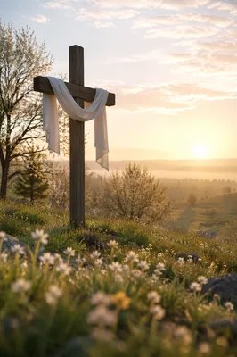Easter Resurrection Cross on Misty Spring Hillside