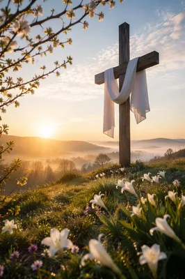 Resurrection Cross with White Cloth at Dawn