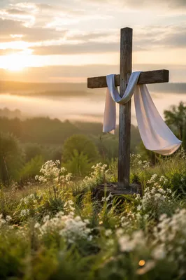 Resurrection Cross with White Cloth at Dawn