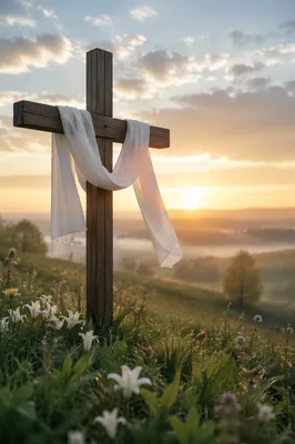 Easter Resurrection Cross on Misty Hillside