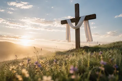Easter Resurrection Cross on Misty Spring Hillside