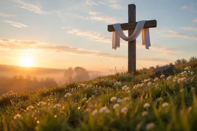Easter Resurrection Cross on Misty Sunrise Hill