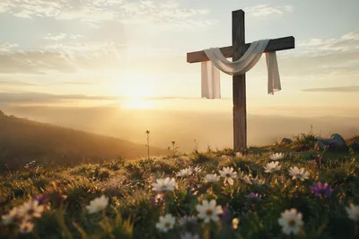 Resurrection Cross with White Cloth at Sunrise