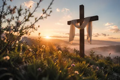 Resurrection Cross with White Cloth at Dawn