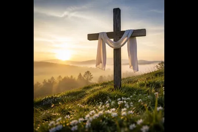 Easter Resurrection Cross with White Draped Cloth
