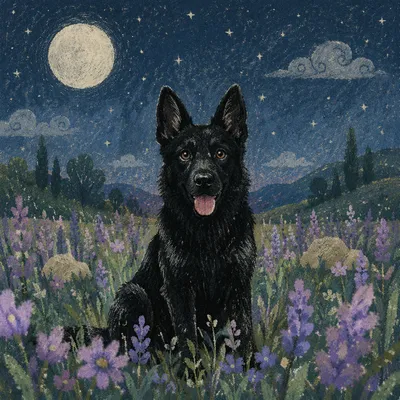 Black Shepherd Dog Under Spring Stars
