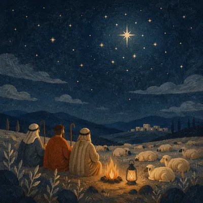Shepherds Beneath Winter Stars at Night