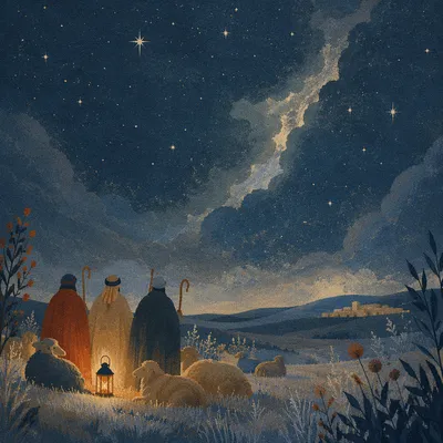 Shepherds Under Starry Christmas Night Sky